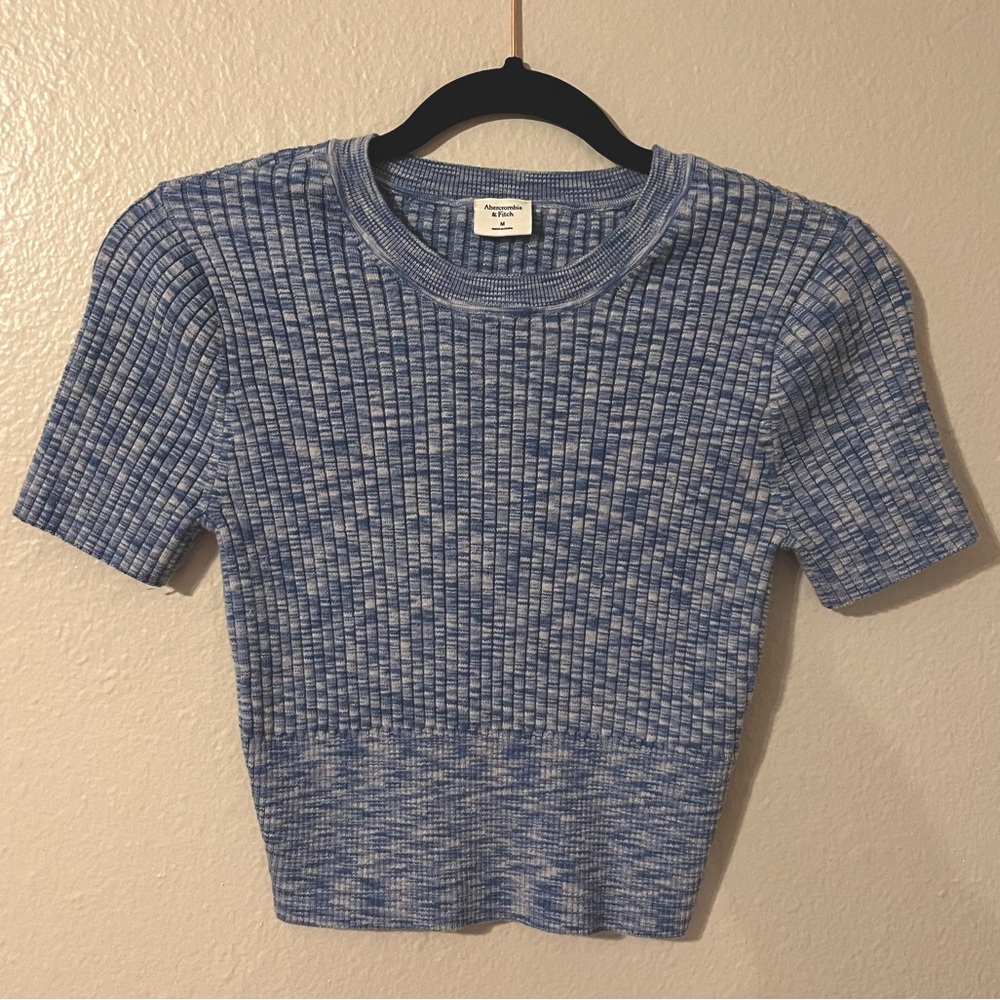 Abercrombie & Fitch Blue and White Ribbed Short Sleeve Top